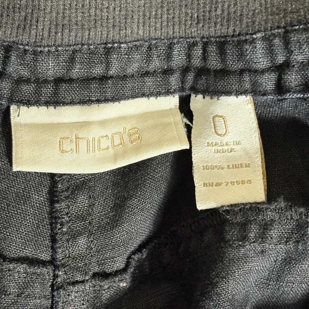 Chicos 0 Black 100% Linen Wide Leg Pants Mid Rise Elastic Back Casual AQ669